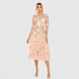 MAC DUGGAL Pink Sequined Floral Long Sleeve High Neck Midi Dress 5716. $598